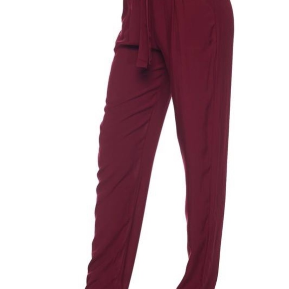 Pants - Ruffle Waist Drawstring Burgandy Trousers